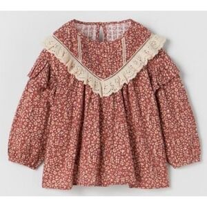 Zara Kids Floral Lace Trim Ruffle Blouse Rust Brown Cotton Top Size 3-4 Years